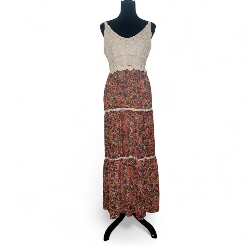 Taylor Women's Crochet Cream Multicolored Maxi Dress SZ 10 Boho Coastal